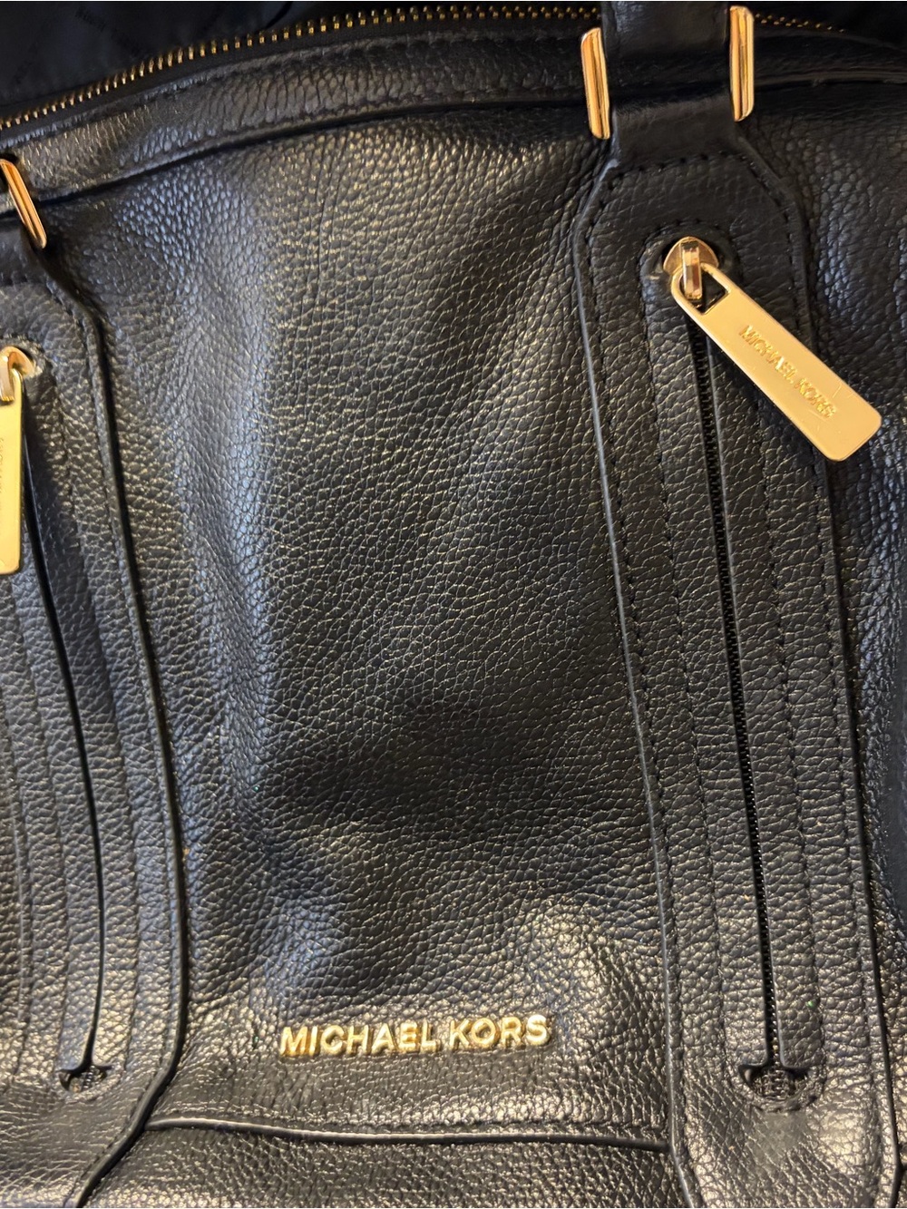 MICHAEL KORS Large Pebbled Leather Satchel — Black & Gold Perfection